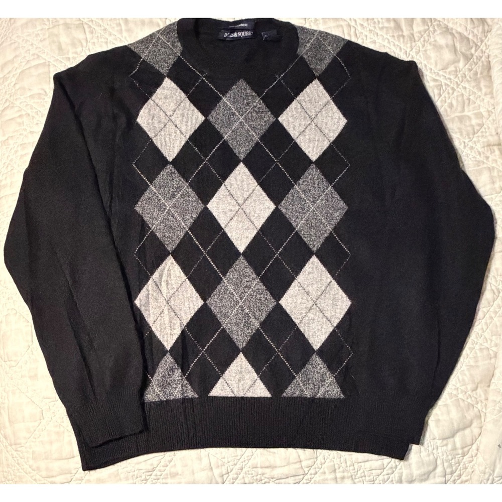 Davis & Squire Mens 100% Cashmere Argyle Crewneck Sweater Black Grey XL